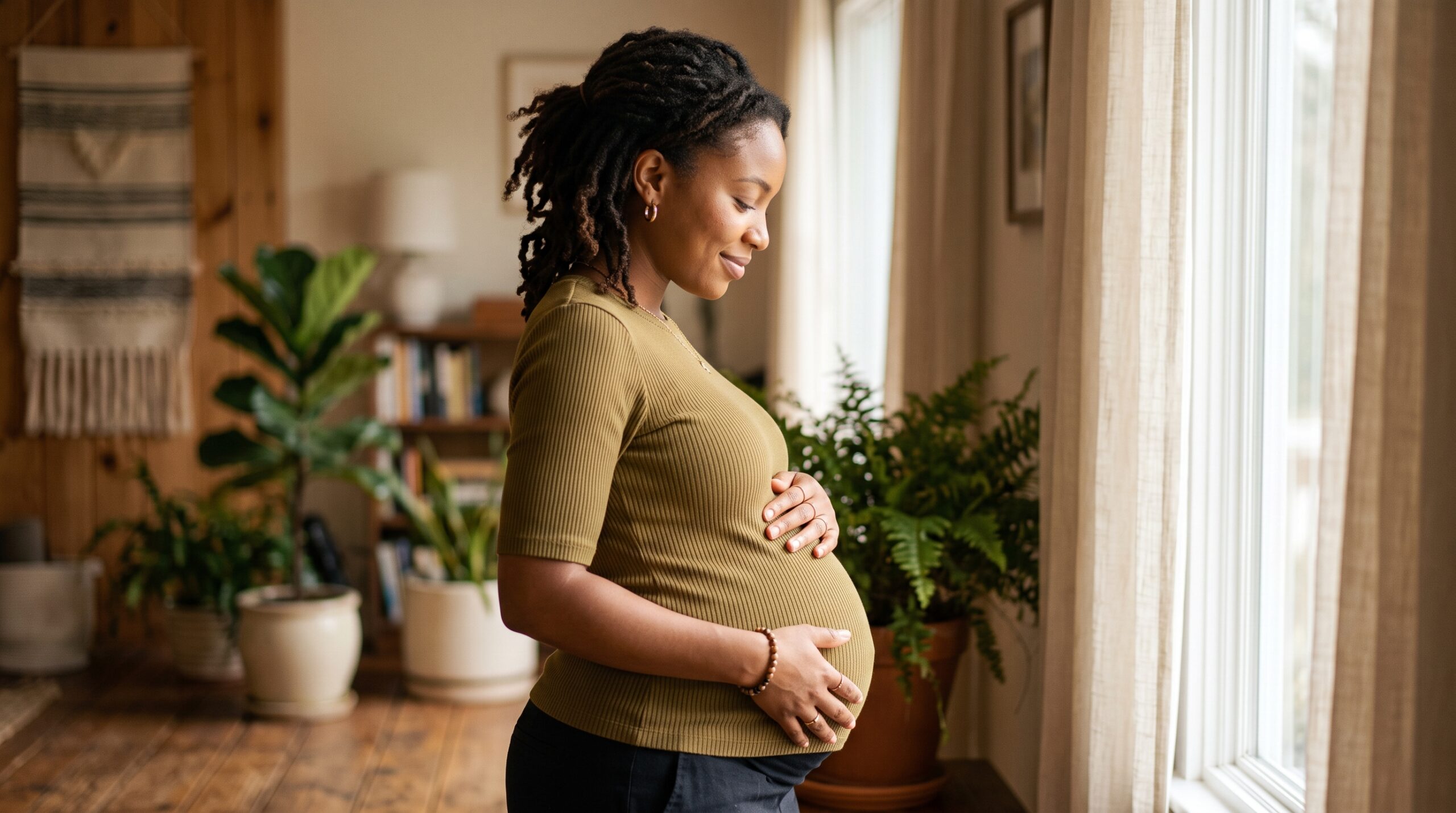 Woman gently placing her hand on her midsection